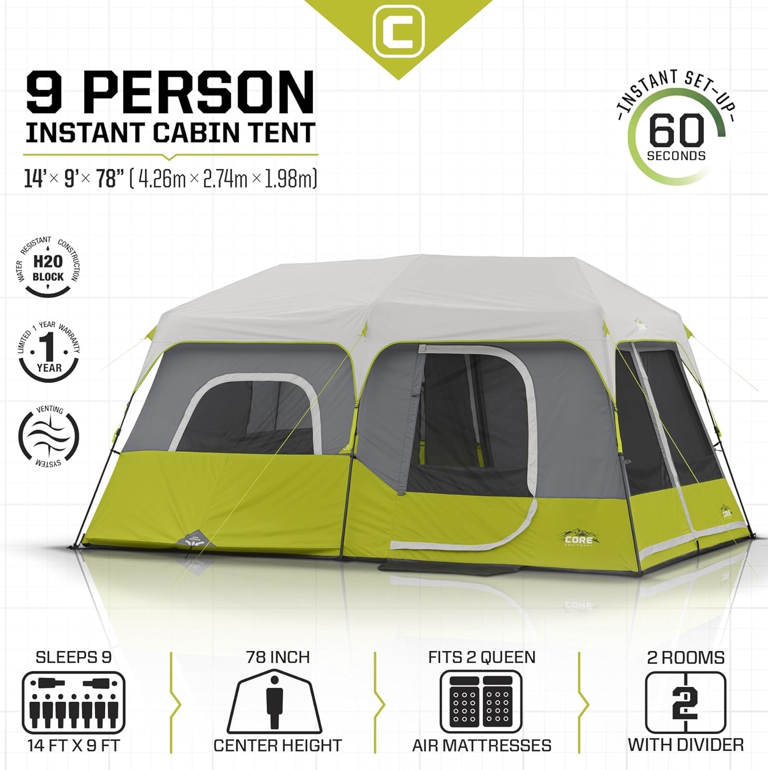 9 Person Instant Cabin Tent - 14' X 9', Green (40008)